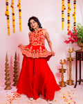 Vermilion Red Embroidered Peplum Sharara Set