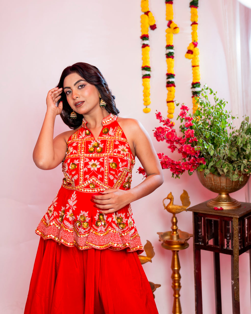 Vermilion Red Embroidered Peplum Sharara Set