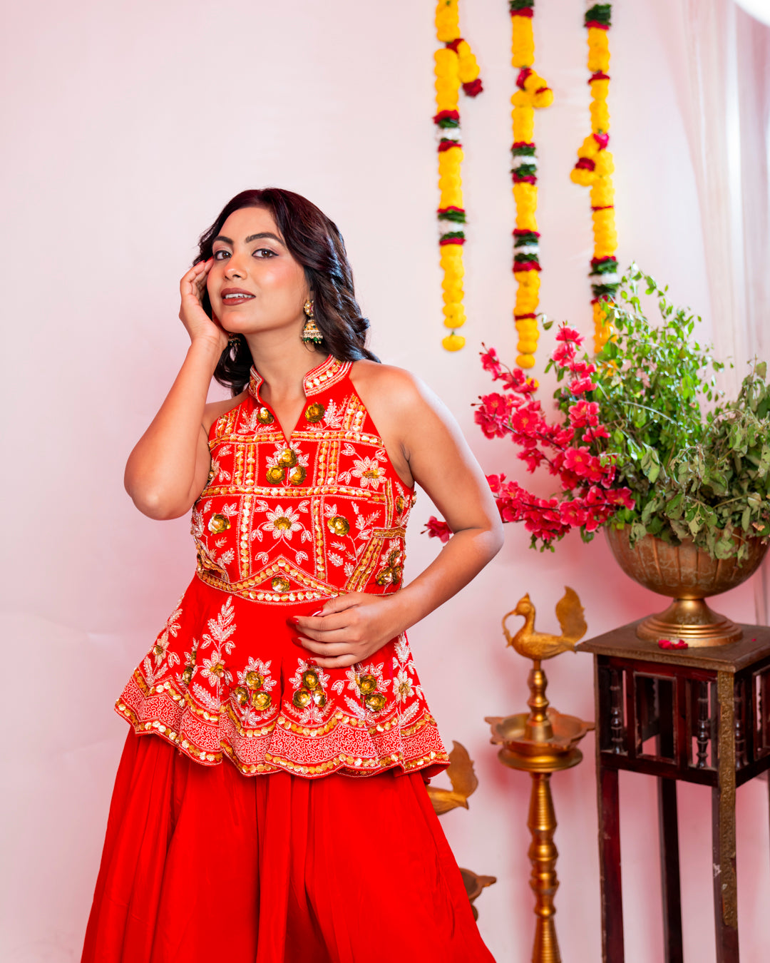 Vermilion Red Embroidered Peplum Sharara Set