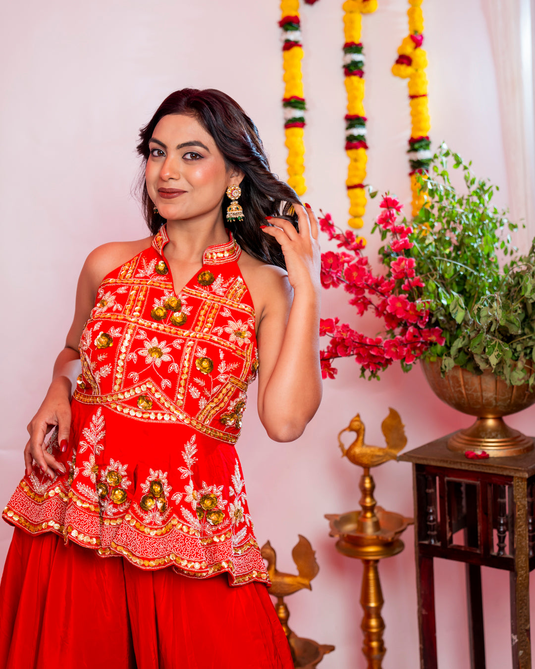 Vermilion Red Embroidered Peplum Sharara Set
