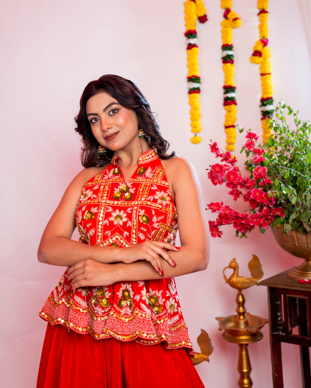 Vermilion Red Embroidered Peplum Sharara Set