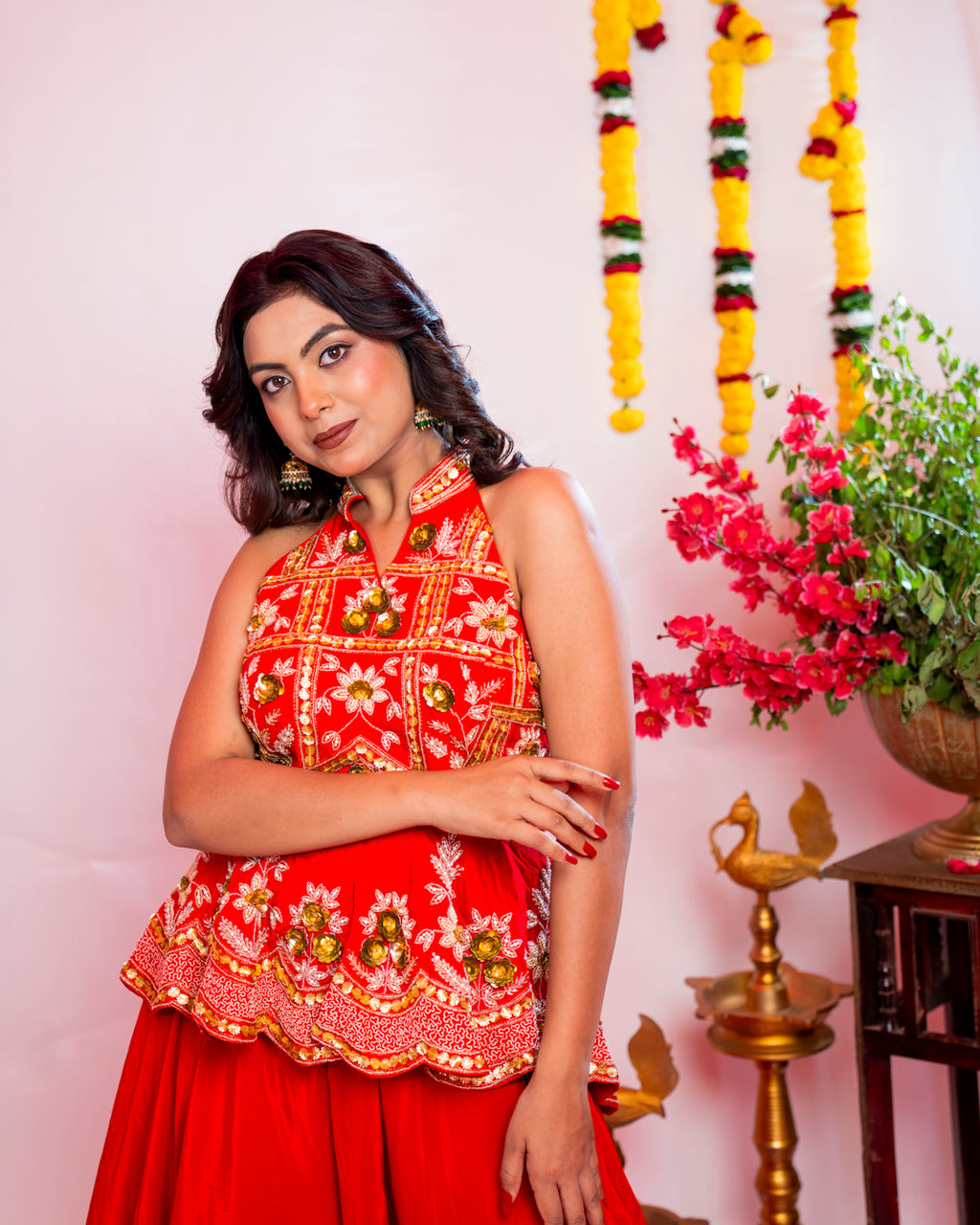 Vermilion Red Embroidered Peplum Sharara Set