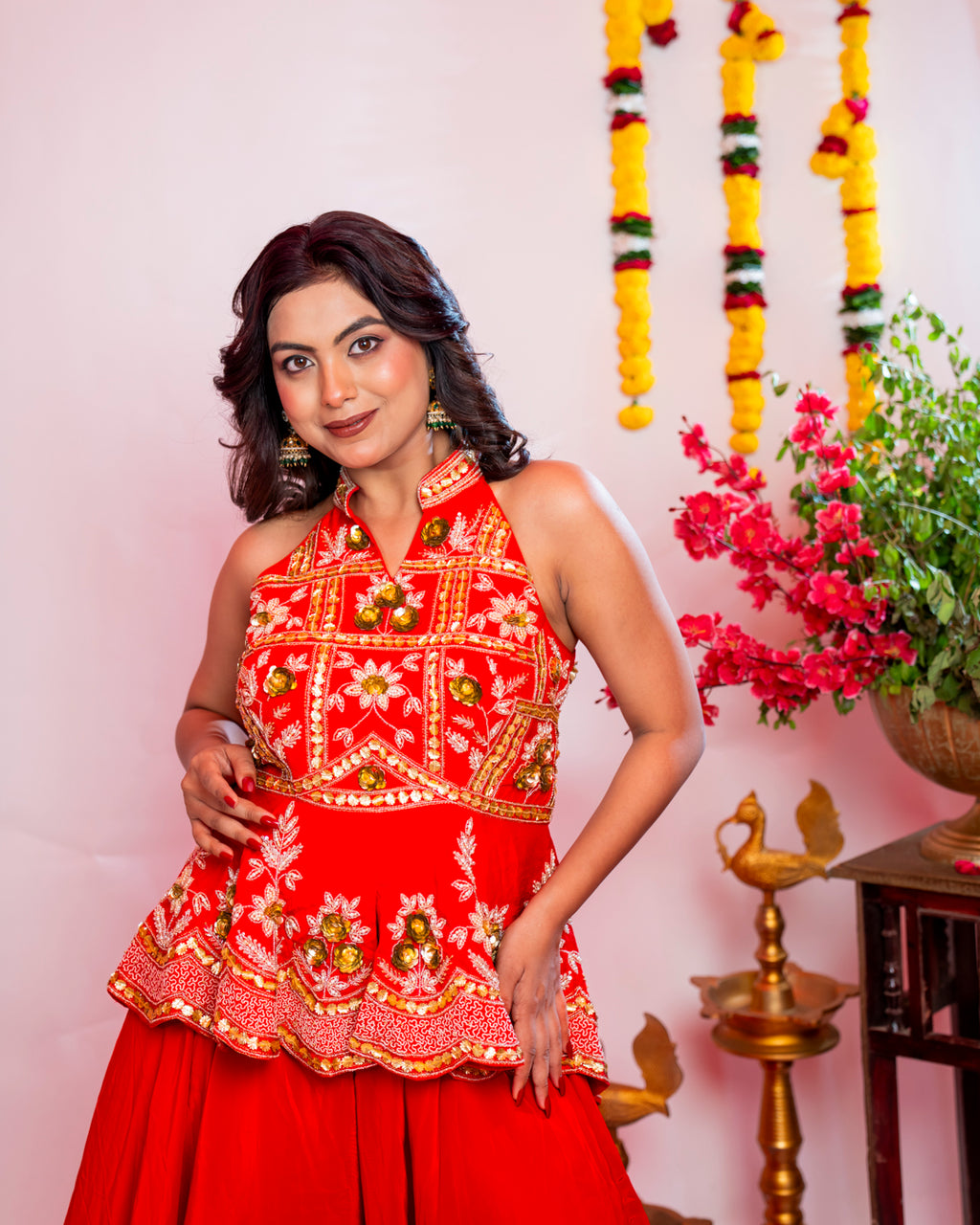 Vermilion Red Embroidered Peplum Sharara Set