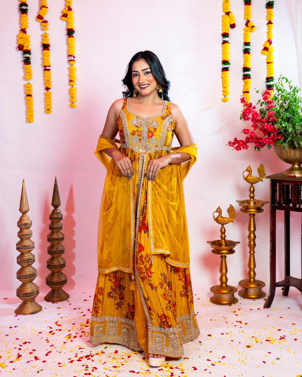 Mustard Yellow Floral Indo-Western Anarkali Set
