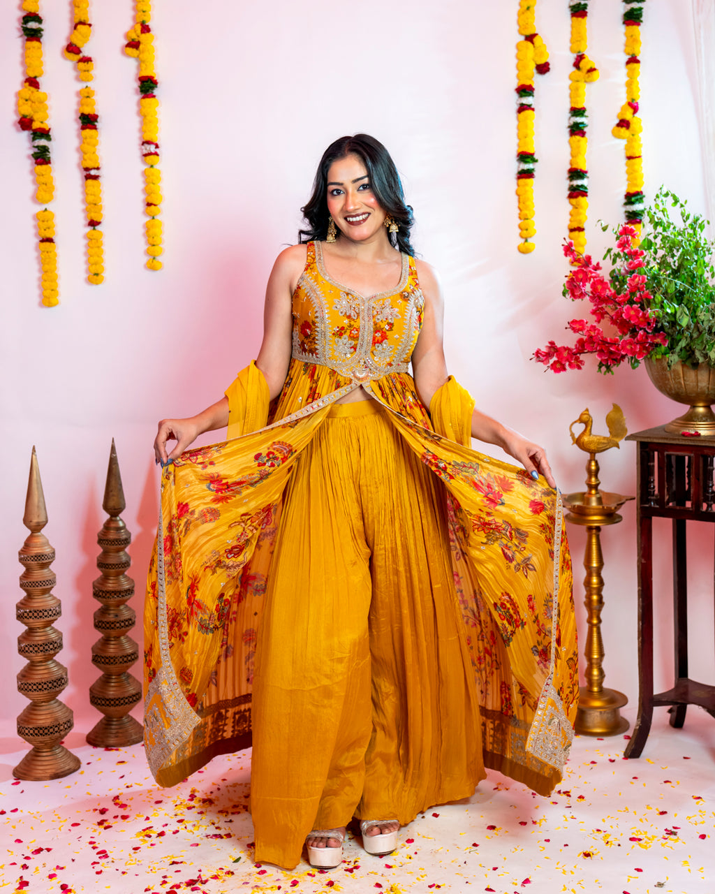 Mustard Yellow Floral Indo-Western Anarkali Set