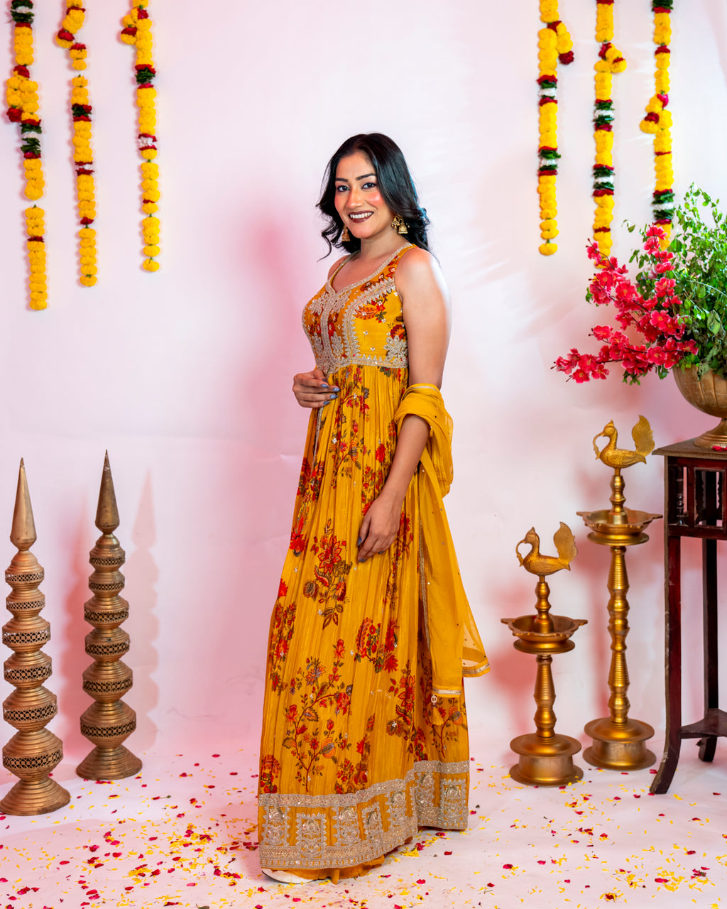 Mustard Yellow Floral Indo-Western Anarkali Set