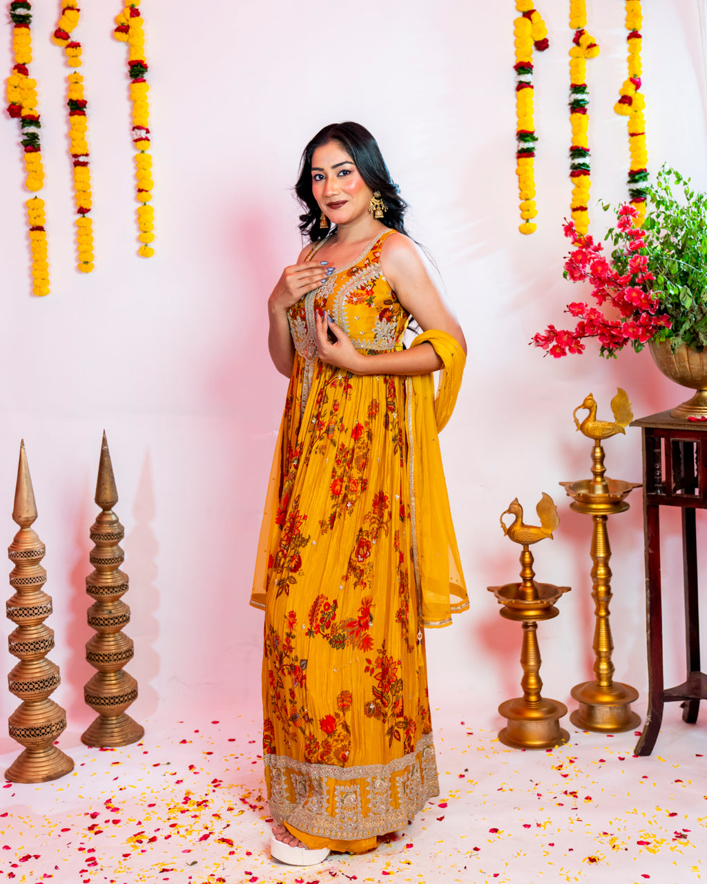 Mustard Yellow Floral Indo-Western Anarkali Set
