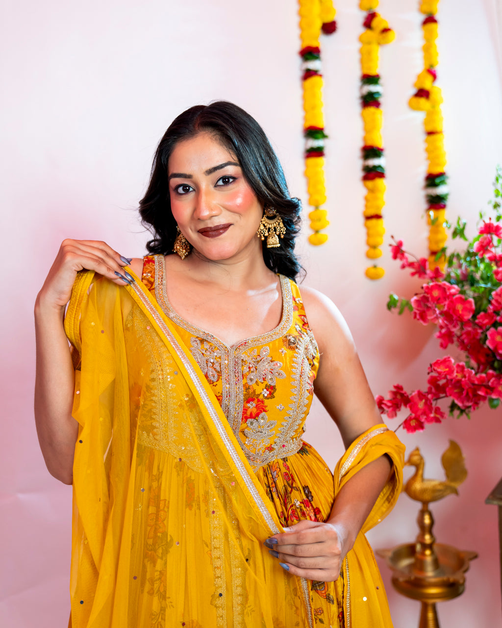 Mustard Yellow Floral Indo-Western Anarkali Set