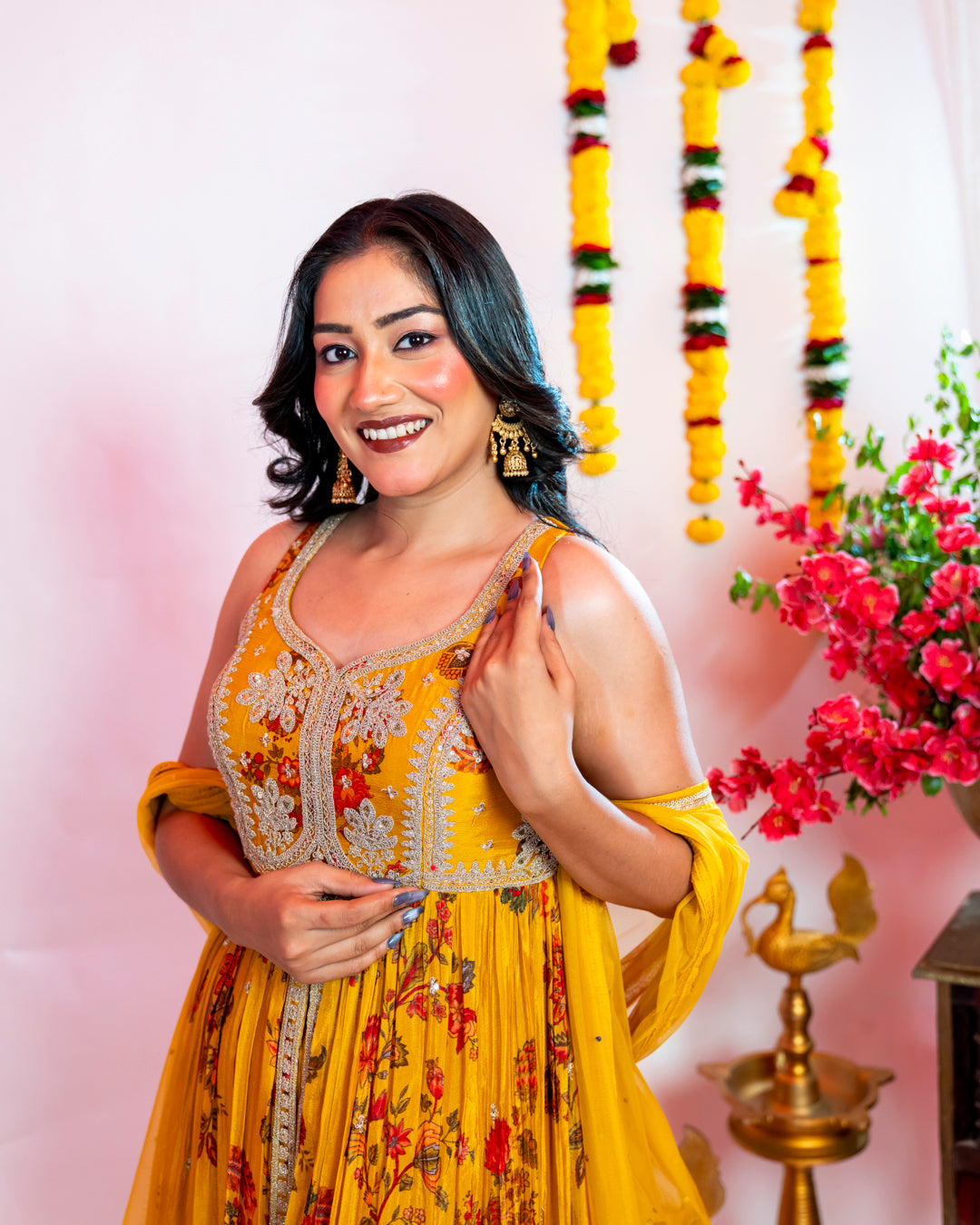 Mustard Yellow Floral Indo-Western Anarkali Set