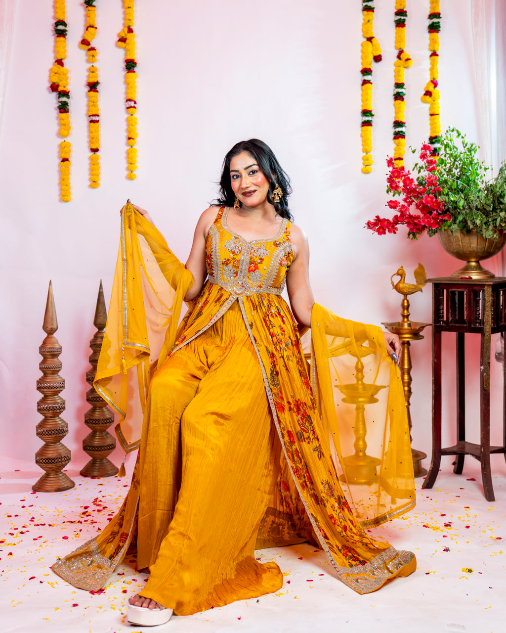 Mustard Yellow Floral Indo-Western Anarkali Set