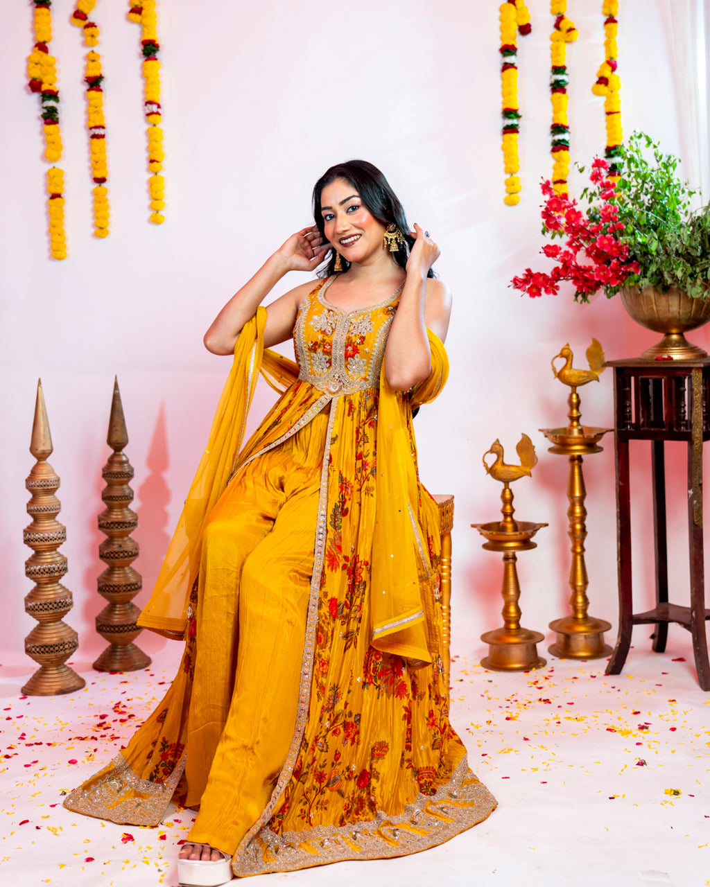 Mustard Yellow Floral Indo-Western Anarkali Set