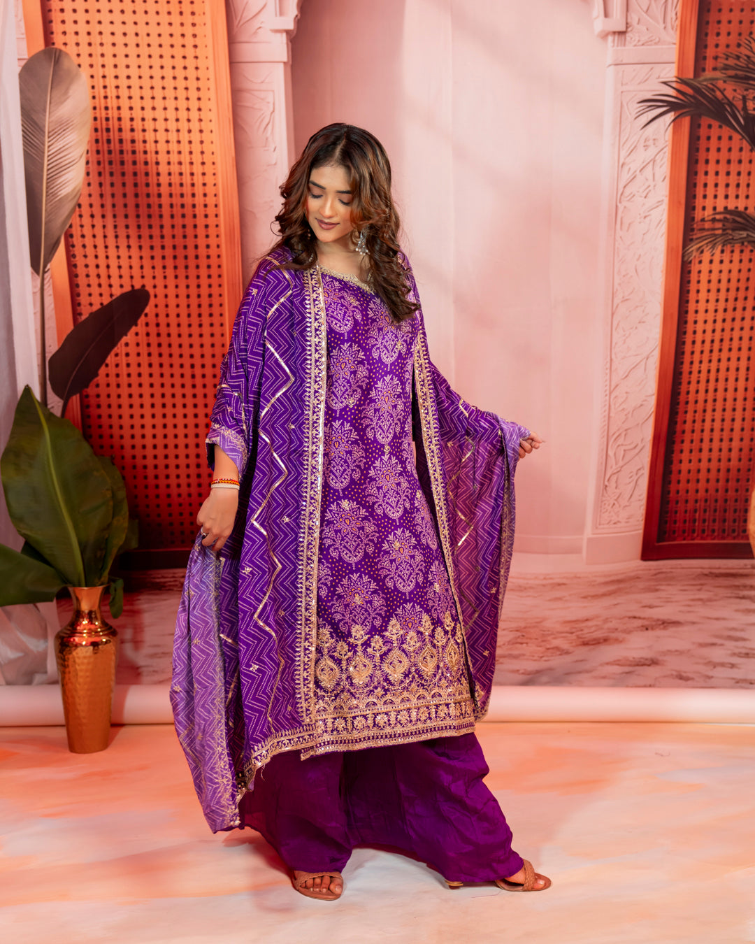 Purple & Gold Embroidered Palazzo Suit Set
