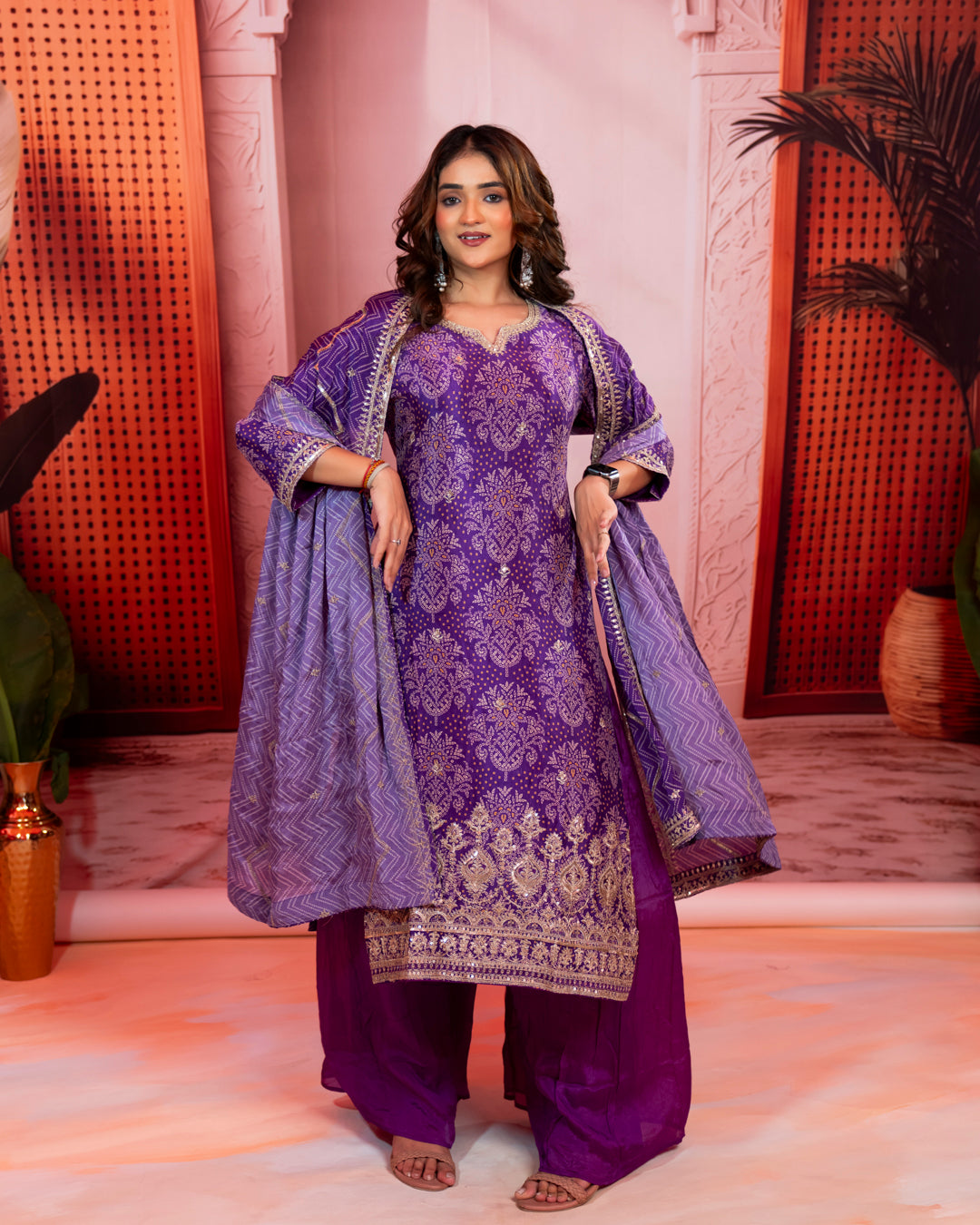Purple & Gold Embroidered Palazzo Suit Set