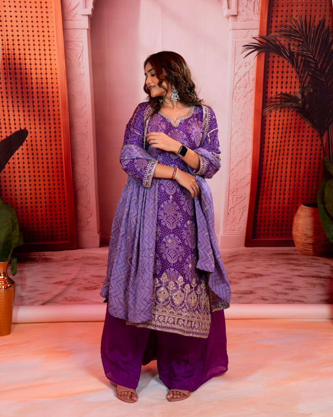 Purple & Gold Embroidered Palazzo Suit Set