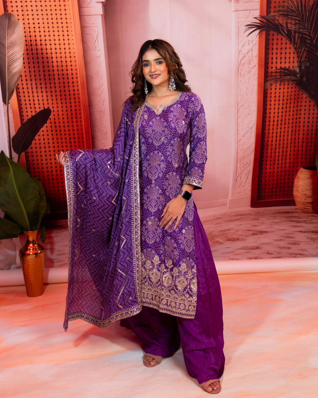 Purple & Gold Embroidered Palazzo Suit Set