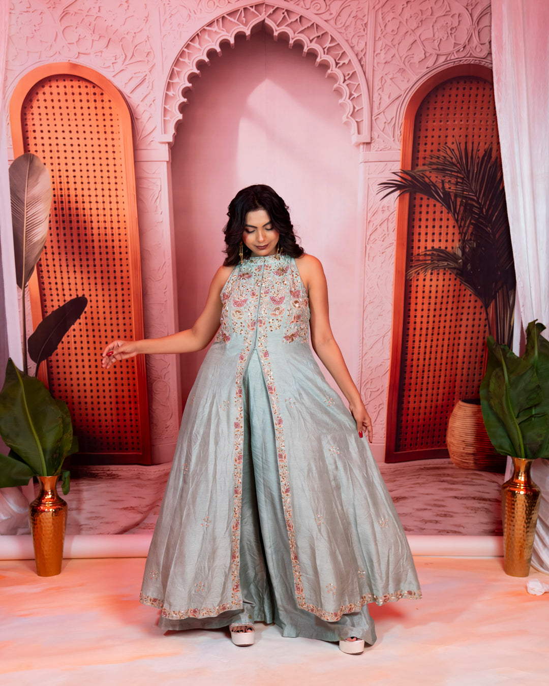 Silver Grey Pure Silk Handwork Anarkali Set