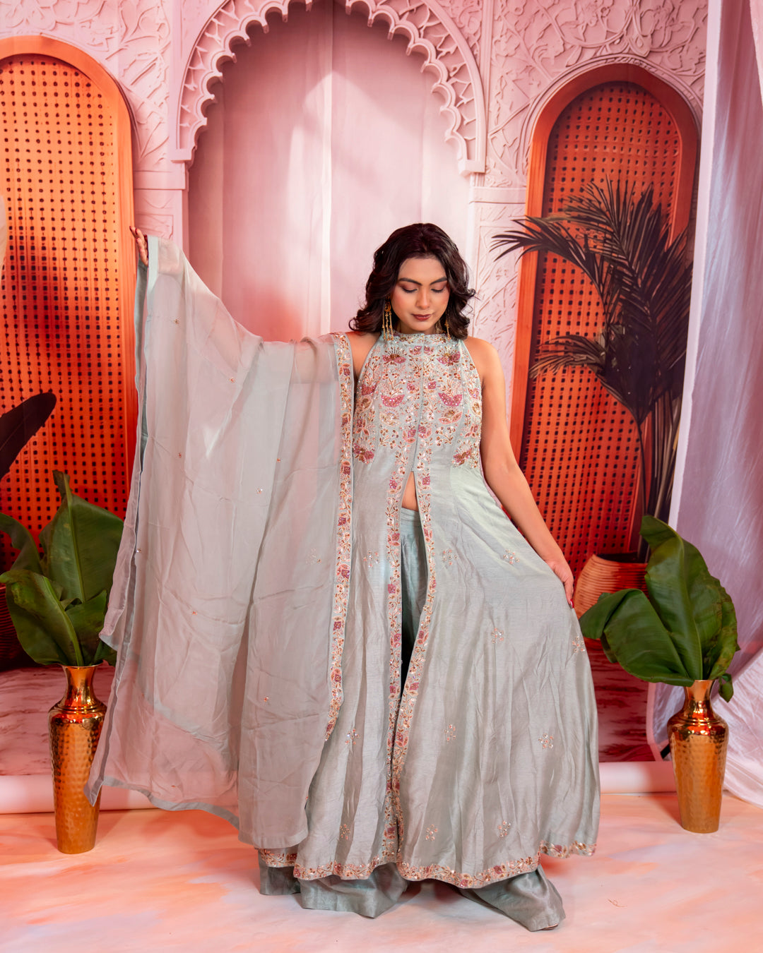 Silver Grey Pure Silk Handwork Anarkali Set
