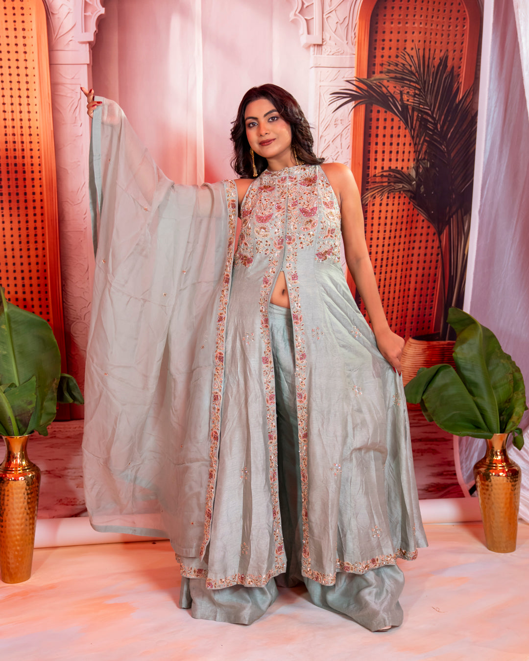 Silver Grey Pure Silk Handwork Anarkali Set