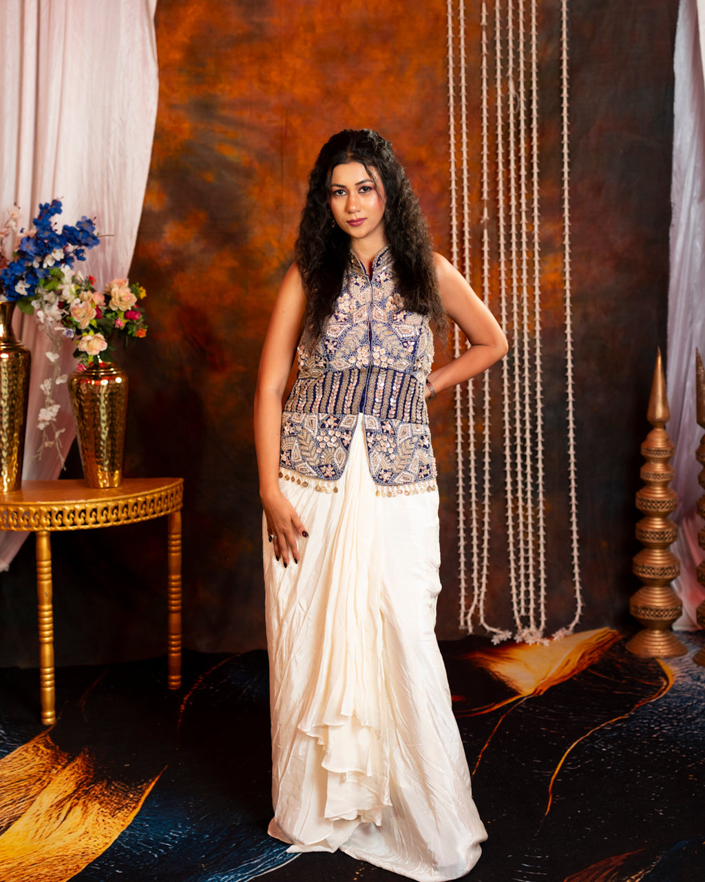 Navy Blue Ivory Embroidered Indo-Western Dhoti Skirt Set