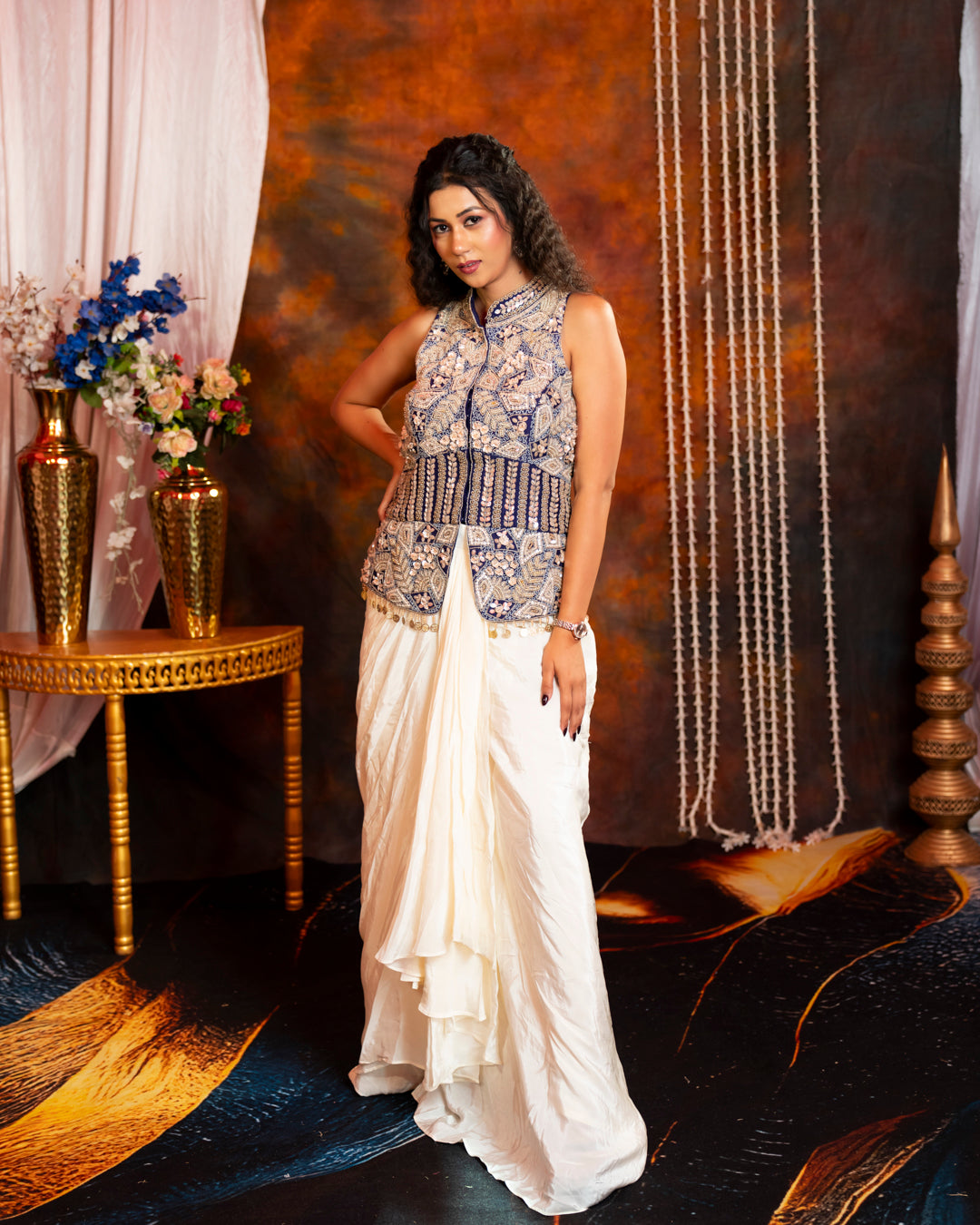 Navy Blue Ivory Embroidered Indo-Western Dhoti Skirt Set