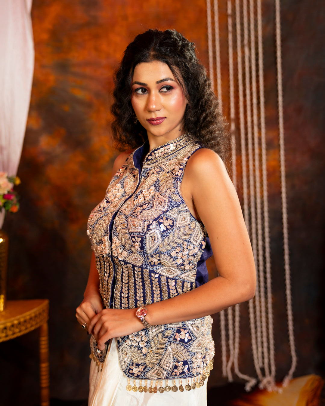Navy Blue Ivory Embroidered Indo-Western Dhoti Skirt Set