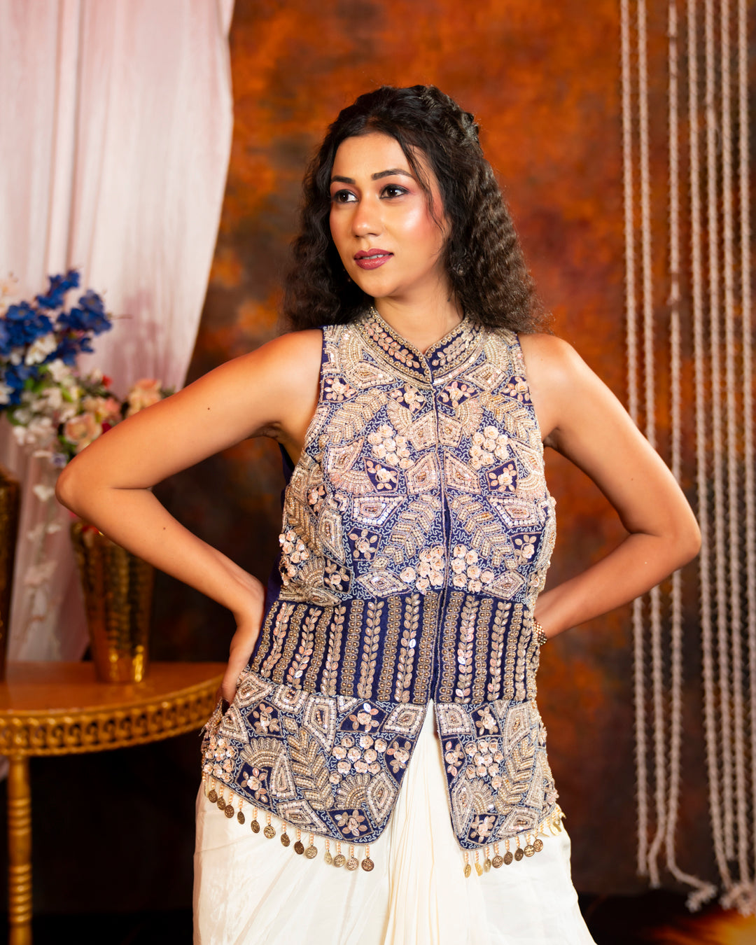Navy Blue Ivory Embroidered Indo-Western Dhoti Skirt Set