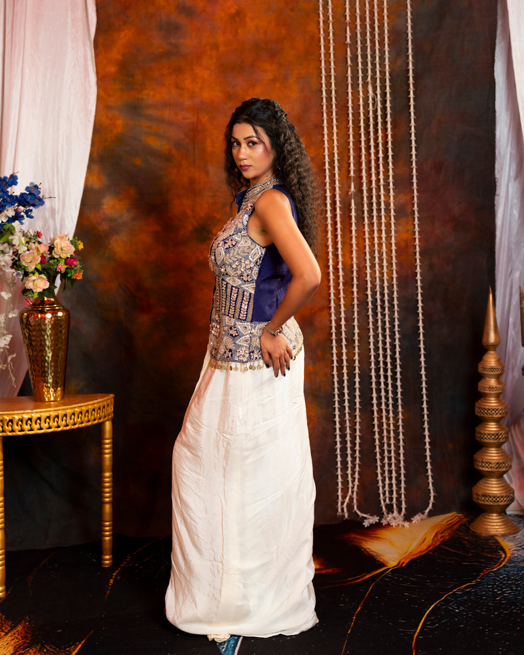 Navy Blue Ivory Embroidered Indo-Western Dhoti Skirt Set