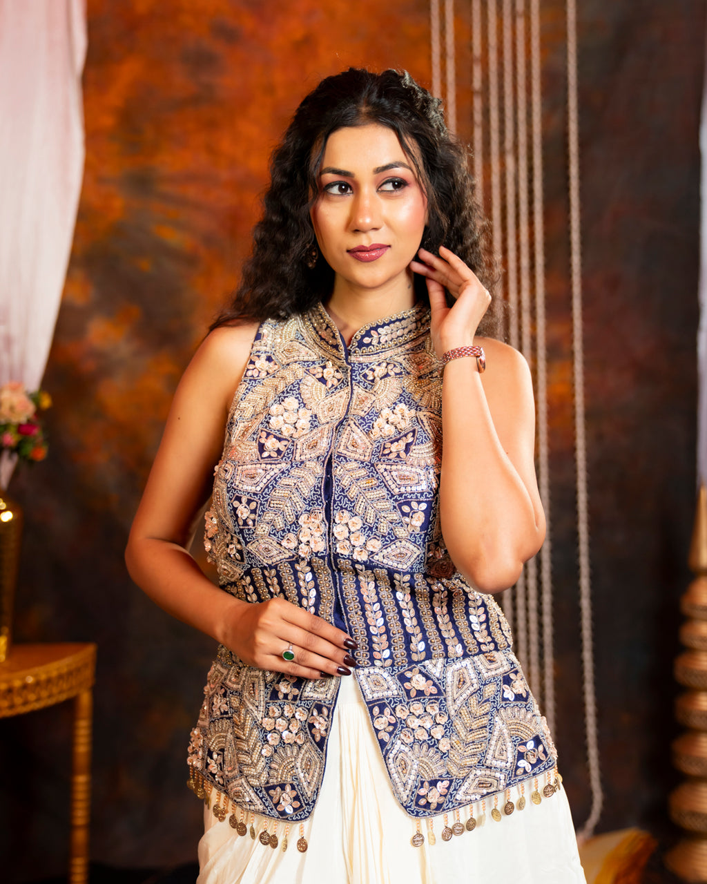 Navy Blue Ivory Embroidered Indo-Western Dhoti Skirt Set