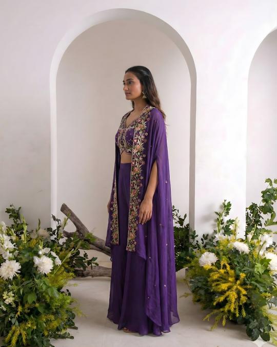 Royal Purple Chiffon Indo-Western Sharara Set with Embroidered Cape